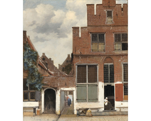 Papier peint panoramique intissé HRBP300027 Jan Vermeers La Ruelle 5 pces 243 x 280 cm Peinture d''une ruelle avec des bâtiments en briques rouges et des personnes