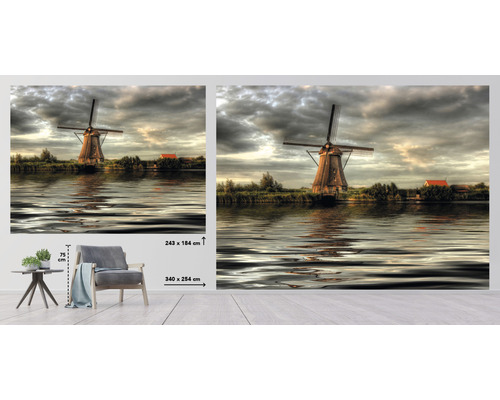 Papier peint photo avec moulin à vent et lac, indications de taille 243 x 184 cm et 340 x 254 cm