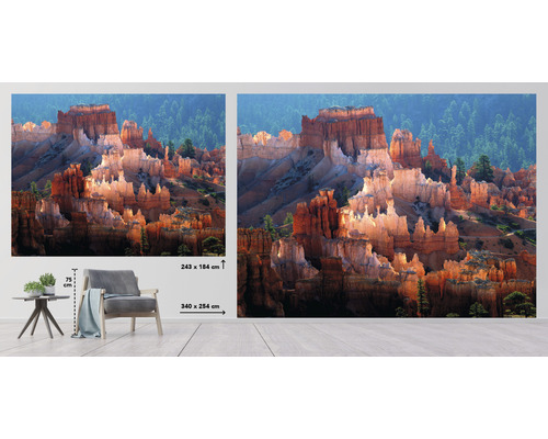 Papier peint photo avec formations rocheuses et forêt en arrière-plan