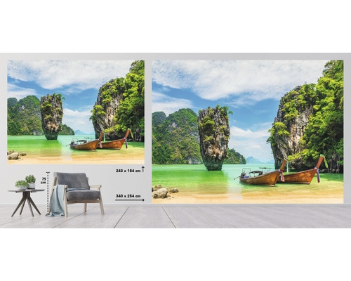 Papier peint photo avec motif côtier, rochers et bateaux de pêche thaïlandais