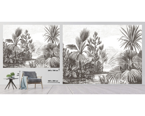 Tapete mit botanischem Muster im Vintage Stil, Abmessungen 340 mal 254 Zentimeter