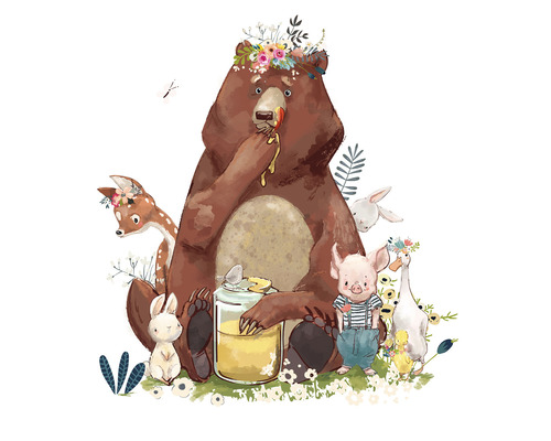 Papier peint panoramique intissé HRBP300094 Ours avec ses amis 5 pces 243 x 280 cm Illustration d''un ours avec du miel, entouré d''animaux forestiers comme un cerf, un lapin, un cochon et un canard