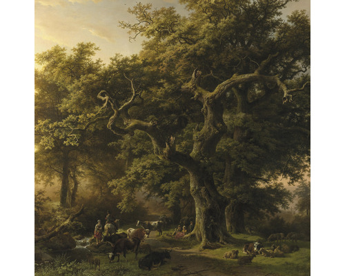 Papier peint panoramique intissé HRBP300100 Rijksstudio arbre 5 pces 243 x 280 cm Peinture d''une scène de forêt avec des arbres, des personnes et des animaux