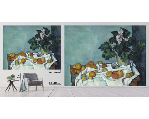 Papier peint avec motif de nature morte, composé de fruits et plante en pot