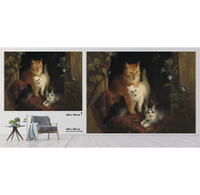 Fototapete mit Katzenfamilie und Blumenmotiv im Format 340 mal 254 Zentimeter