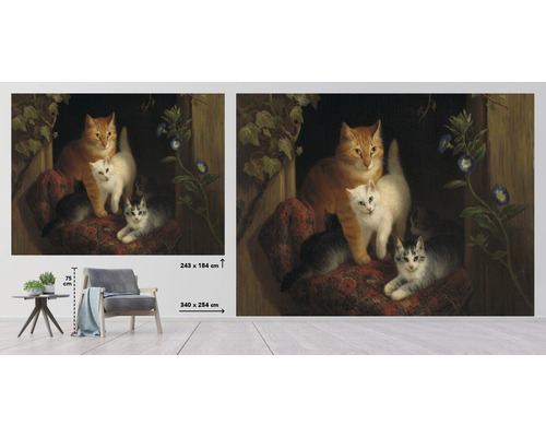 Fototapete mit Katzenfamilie und Blumenmotiv im Format 340 mal 254 Zentimeter