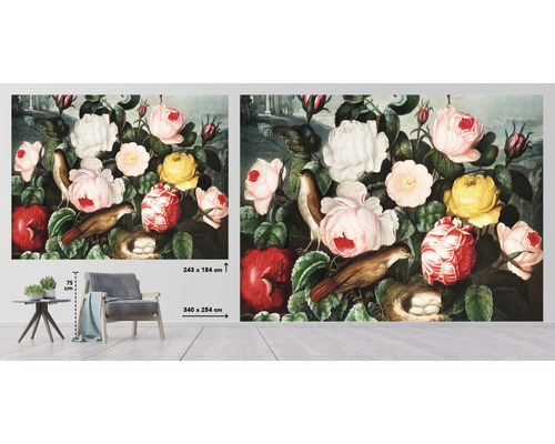 Papier peint photo avec motif de roses, oiseau et nid d''oiseau avec des œufs, indication de taille