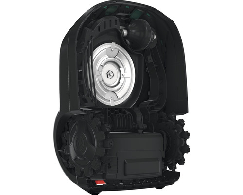 Innenansicht eines Rasenmähroboters mit Mähwerk und Antrieb