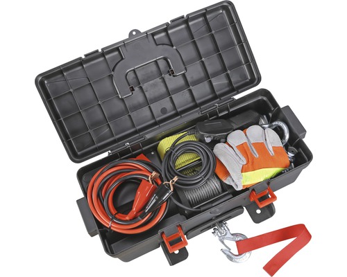Boîte à outils avec câbles de démarrage, treuil, manille et gants de travail