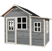 Graues Holzspielhaus mit Tür und Fenstern für den Garten