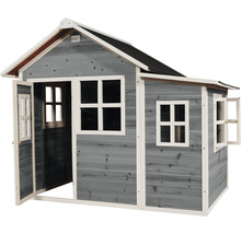 Spielhaus aus Holz mit Fenstern und einer offenen Tür