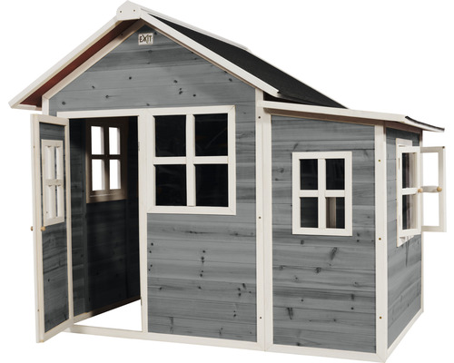 Maison de jeux en bois avec fenêtres et porte ouverte