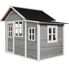 Graues Holzspielhaus mit schwarzem Dach und weißen Fensterrahmen