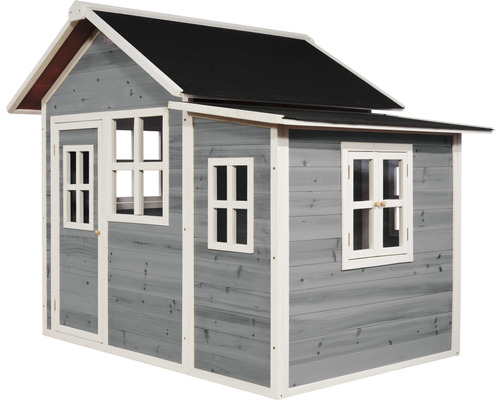 Maison de jeu en bois grise avec toit noir et cadres de fenêtres blancs