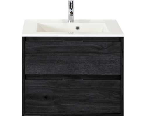 Set de meubles de salle de bains Sanox Porto lxhxp 70 x 75 x 52 cm couleur de façade black oak avec vasque en fonte minérale blanc