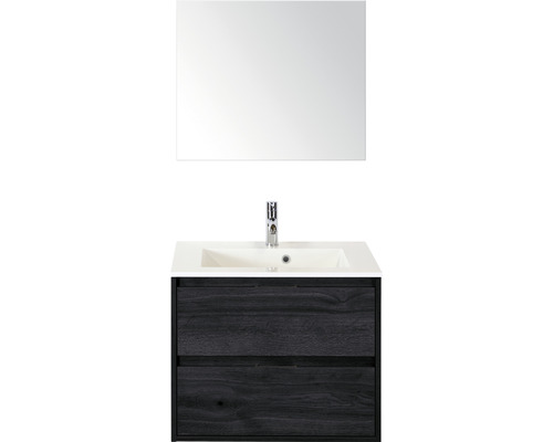 Set de meubles de salle de bains Sanox Porto lxhxp 70 x 75 x 52 cm couleur de façade black oak avec vasque en fonte minérale blanc et vasque en fonte minérale meuble sous vasque miroir