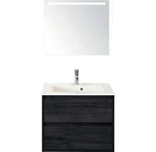 Badmöbel-Set Sanox Porto BxHxT 70,5 x 56,5 x 50,5 cm Frontfarbe black oak mit Waschtisch Mineralguss weiß und Mineralguss-Waschtisch Waschtischunterschrank Spiegel mit LED-Beleuchtung