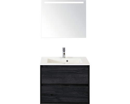 Badmöbel-Set Sanox Porto BxHxT 70,5 x 56,5 x 50,5 cm Frontfarbe black oak mit Waschtisch Mineralguss weiß und Mineralguss-Waschtisch Waschtischunterschrank Spiegel mit LED-Beleuchtung