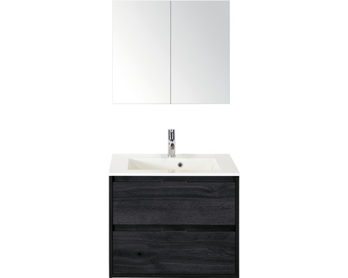 Set de meubles de salle de bains Sanox Porto lxhxp 70 x 75 x 52 cm couleur de façade black oak avec vasque en fonte minérale blanc
