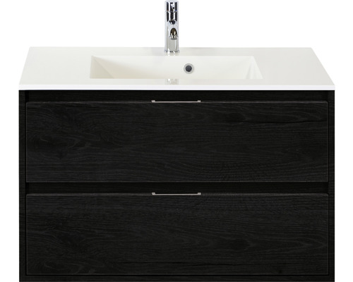 Set de meubles de salle de bains 2 pièces Meuble de salle de bains simple Sanox Porto lxhxp 90 x 75 x 52 cm couleur de façade black oak avec vasque fonte minérale blanc 84719049