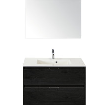 Badmöbel-Set Sanox Porto BxHxT 90 x 75 x 52 cm Frontfarbe black oak mit Waschtisch Mineralguss weiß und Mineralguss-Waschtisch Waschtischunterschrank Spiegel