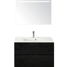 Badmöbel-Set Sanox Porto BxHxT 90,5 x 170 x 50,5 cm Frontfarbe black oak mit Waschtisch Mineralguss weiß und Mineralguss-Waschtisch Waschtischunterschrank Spiegel mit LED-Beleuchtung