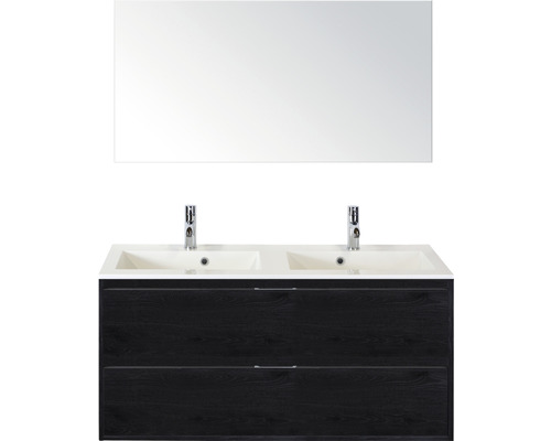 Set de meubles de salle de bains Sanox Porto lxhxp 120 x 75 x 52 cm couleur de façade black oak avec vasque en fonte minérale blanc et vasque double en fonte minérale meuble sous vasque miroir