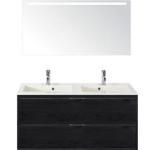 Badmöbelset 3-teilig Doppelbadmöbel Sanox Porto BxHxT 120,5 x 170 x 50,5 cm Frontfarbe black oak mit Waschtisch Mineralguss weiß und Mineralguss-Doppelwaschtisch Spiegel mit LED-Beleuchtung Waschtischunterschrank Griff chrom matt 84730749
