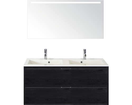 Set de meubles de salle de bains Sanox Porto lxhxp 120,5 x 170 x 50,5 cm couleur de façade black oak avec vasque en fonte minérale blanc et vasque double en fonte minérale miroir avec éclairage LED meuble sous vasque
