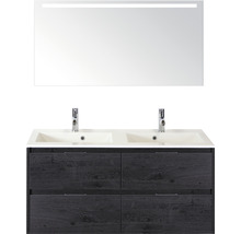 Badmöbelset 3-teilig Doppelbadmöbel Sanox Porto BxHxT 120,5 x 170 x 50,5 cm Frontfarbe black oak mit Waschtisch Mineralguss weiß und Mineralguss-Doppelwaschtisch Spiegel mit LED-Beleuchtung Waschtischunterschrank Griff chrom matt 84731949