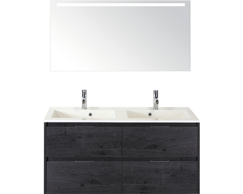 Set de meubles de salle de bains Sanox Porto lxhxp 120,5 x 170 x 50,5 cm couleur de façade black oak avec vasque en fonte minérale blanc et vasque double en fonte minérale miroir avec éclairage LED meuble sous vasque