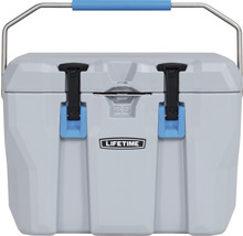 Glacière grise d''une capacité de 28 litres avec poignée de transport en métal.