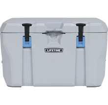 Graue Kühlbox mit einem Fassungsvermögen von 77 Litern und Lifetime Logo.