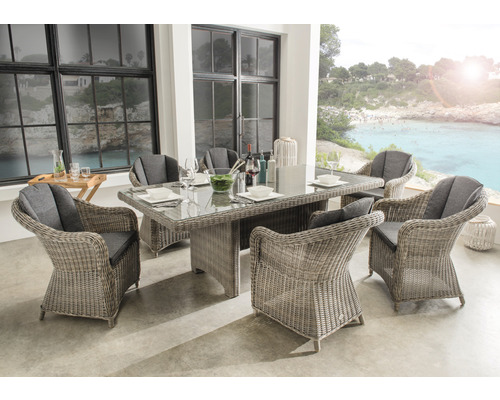 Sitzgruppe Destiny MALAGA LUNA 6 Sessel + Tisch 200x100x75cm, vintage grau Esstischgruppe für den Außenbereich mit sechs Korbstühlen und einem Tisch mit Glasplatte