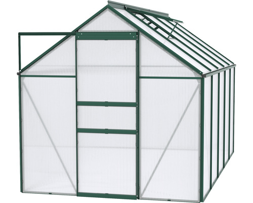 Gewächshaus mit geöffneter Tür und Dachfenstern