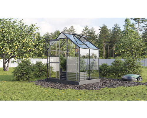 Gewächshaus Vitavia Planet 2500 Einscheibensicherheitsglas 3 mm 195 x 131 cm schwarz Gewächshaus mit Pflanzen im Garten