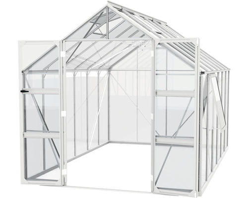 Gewächshaus mit geöffneten Türen und Fenstern.