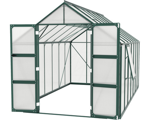 Gewächshaus mit geöffneter Tür und Fenster für den Garten