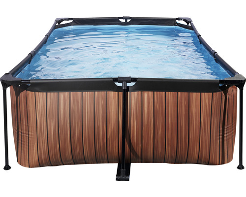 Piscine tubulaire rectangulaire aspect bois remplie d''eau