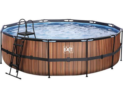 Ensemble de piscine tubulaire hors sol EXIT WoodPool ronde Ø 488x122 cm avec groupe de filtration à sable et échelle aspect bois