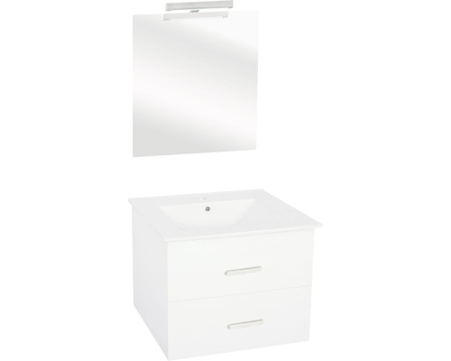 Badmöbel-Set Differnz Luka 60 x 170 x 48 cm Frontfarbe weiß hochglanz Waschtisch weiß und Waschtisch Spiegel mit LED-Beleuchtung Waschtischunterschrank Waschtisch mit zwei Schubladen, Waschtischunterschrank und Spiegel mit Beleuchtung für das Badezimmer.