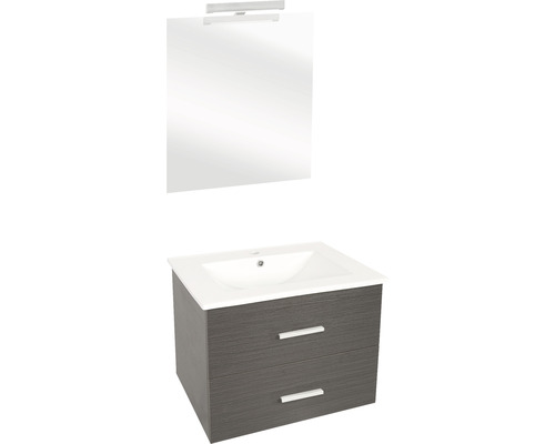 Set de meubles de salle de bains Differnz Luka lxhxp 60 x 170 x 48 cm couleur de façade chêne gris avec vasque céramique blanc et vasque miroir avec éclairage LED meuble sous vasque