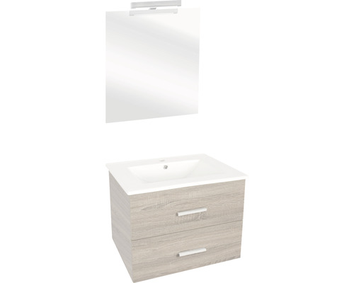 Badmöbel-Set Differnz Luka BxHxT 60 x 170 x 48 cm Frontfarbe eiche hell mit Waschtisch Keramik weiß und Waschtisch Spiegel mit LED-Beleuchtung Waschtischunterschrank