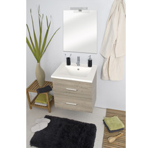 Badmöbel-Set Differnz Luka BxHxT 60 x 170 x 48 cm Frontfarbe eiche hell mit Waschtisch Keramik weiß und Waschtisch Spiegel mit LED-Beleuchtung Waschtischunterschrank