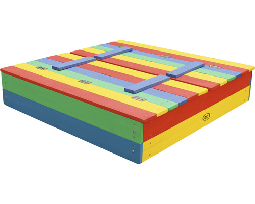 Bunte Sandkiste aus Holz mit Deckel