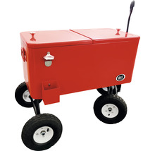 Roter Kühlwagen mit Flaschenöffner und Rädern