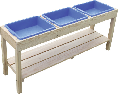 Spieltisch mit drei blauen Behältern und Ablage aus Holz