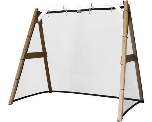 Freistehender Sichtschutz aus Holz mit weißer Plane