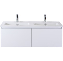 Waschtischunterschrank mit zwei Waschbecken und zwei Armaturen