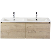 Waschtisch mit zwei Waschbecken und Holzunterschrank